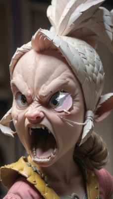 1girl,solo,open mouth,blonde hair,brown hair,dress,brown eyes,collarbone,upper body,braid,teeth,pointy ears,blurry,blurry background,fangs,feathers,sharp teeth,portrait,pink dress,angry,old woman,animal ears,jewelry,white hair,tears,signature,parody,realistic,old