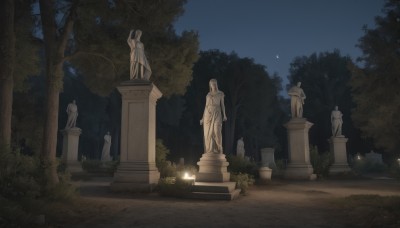 outdoors,sky,tree,no humans,night,moon,grass,nature,night sky,scenery,forest,stairs,bush,pillar,statue,tombstone,stone lantern,fountain,day,bug,plant,butterfly