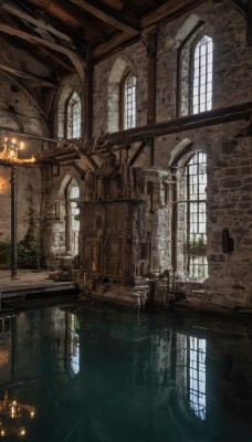 day,indoors,no humans,window,sunlight,plant,building,scenery,stairs,fantasy,door,candle,architecture,ruins,pillar,church,arch,chandelier,water,fire,reflection,lantern,brick wall,torch