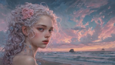 1girl,solo,long hair,looking at viewer,blue eyes,hair ornament,bare shoulders,jewelry,flower,white hair,earrings,outdoors,parted lips,sky,cloud,hair flower,water,from side,lips,grey eyes,ocean,wavy hair,beach,cloudy sky,portrait,scenery,pink flower,freckles,curly hair,sunset,realistic,nose,sand,watercraft,boat