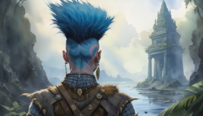 1girl,solo,long hair,1boy,jewelry,blue hair,upper body,male focus,earrings,outdoors,sky,water,from behind,armor,tree,tattoo,colored skin,back,scenery,blue skin,facing away,ruins,median furrow,back tattoo,tribal,day,pointy ears,cloud,cloudy sky,feathers,mohawk