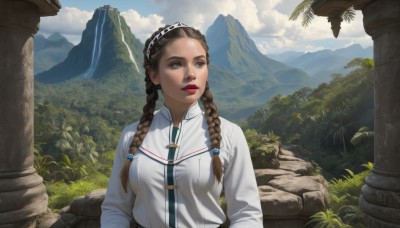 1girl,solo,long hair,breasts,brown hair,shirt,long sleeves,brown eyes,closed mouth,white shirt,upper body,braid,hairband,outdoors,sky,day,cloud,water,twin braids,tree,blue sky,lips,looking to the side,makeup,looking away,cloudy sky,lipstick,nature,scenery,hair over shoulder,forehead,rock,mountain,red lips,looking afar,pillar,waterfall,cliff,column,multiple braids,medium breasts,parted lips,teeth,parody,sunlight,grass,plant,realistic