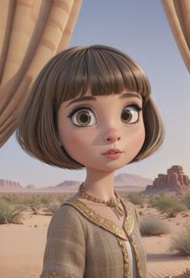 1girl,solo,looking at viewer,short hair,bangs,brown hair,shirt,brown eyes,jewelry,upper body,short sleeves,outdoors,parted lips,sky,teeth,day,blunt bangs,necklace,blue sky,lips,eyelashes,bob cut,curtains,freckles,mountain,nose,mountainous horizon,desert,artist name,watermark,grass,web address