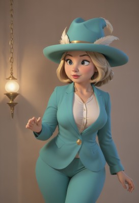 1girl,solo,breasts,smile,short hair,blue eyes,blonde hair,large breasts,shirt,long sleeves,hat,medium breasts,closed mouth,standing,jacket,white shirt,cowboy shot,collared shirt,pants,artist name,lips,looking to the side,makeup,buttons,looking away,formal,suit,feathers,lipstick,blue jacket,blue headwear,brown background,lantern,blue pants,red lips,lamp,hat feather,green pants,light bulb,aqua jacket,blush,simple background,brown eyes,collarbone,light