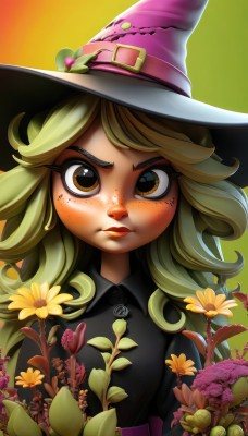 1girl,solo,long hair,looking at viewer,blush,bangs,blonde hair,shirt,hat,brown eyes,closed mouth,upper body,flower,green hair,collared shirt,belt,artist name,lips,v-shaped eyebrows,gradient,black shirt,gradient background,eyelashes,makeup,witch hat,buttons,frown,leaf,thick eyebrows,plant,lipstick,angry,buckle,pink flower,freckles,yellow flower,witch,orange flower,yellow eyes