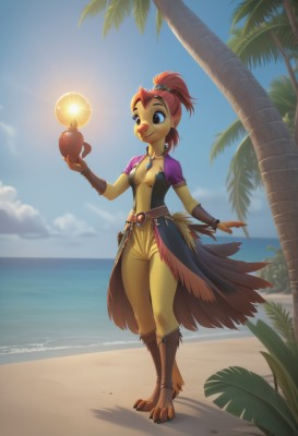 1girl,solo,breasts,smile,short hair,skirt,hair ornament,navel,holding,animal ears,cleavage,brown eyes,jewelry,medium breasts,closed mouth,standing,collarbone,tail,full body,ponytail,weapon,short sleeves,red hair,earrings,small breasts,outdoors,sky,shorts,barefoot,solo focus,day,belt,artist name,cloud,hand up,signature,water,necklace,orange hair,blurry,black eyes,tree,blue sky,blurry background,ocean,watermark,beach,happy,feathers,high ponytail,gem,web address,claws,furry,walking,animal hands,hair tie,sand,palm tree,furry female,sun,horizon,bracer,body fur,animal nose,topknot,showgirl skirt,snout,animal feet,bangs,brown hair,dress,boots,pants,looking to the side,glowing,brown footwear,sunlight,lens flare,freckles,light rays,brown belt,multicolored skin,brown fur,two-tone fur,yellow fur,bird girl