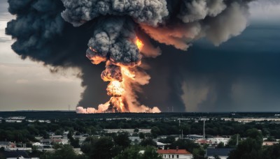 outdoors,sky,cloud,tree,no humans,cloudy sky,fire,building,nature,scenery,smoke,city,cityscape,landscape,burning,water,night,ocean,explosion