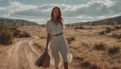 1girl,solo,long hair,looking at viewer,skirt,brown hair,shirt,dress,holding,brown eyes,jewelry,closed mouth,standing,white shirt,braid,short sleeves,outdoors,sky,day,cloud,dark skin,necklace,bag,white dress,dark-skinned female,tree,blue sky,lips,see-through,feet out of frame,cloudy sky,scenery,mountain,realistic,holding bag,field,mountainous horizon,breasts,blue eyes,underwear,panties,belt