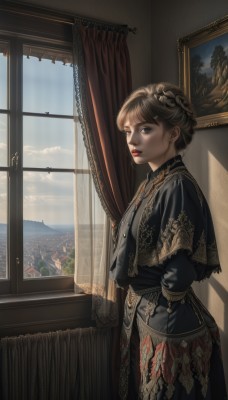 1girl,solo,looking at viewer,short hair,bangs,blonde hair,brown hair,hair ornament,long sleeves,dress,brown eyes,jewelry,closed mouth,standing,braid,sky,day,cloud,indoors,hair bun,black dress,from side,lips,window,capelet,ocean,sunlight,curtains,scenery,red lips,painting (object),earrings,parted lips,necklace,looking to the side,makeup,gold trim,realistic,nose