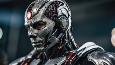 solo,1boy,upper body,male focus,armor,blurry,depth of field,blurry background,helmet,robot,portrait,science fiction,realistic,cyborg,power armor,cyberpunk,from side,close-up,android