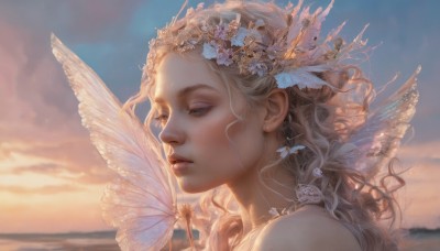 1girl,solo,long hair,blue eyes,blonde hair,hair ornament,bare shoulders,flower,outdoors,parted lips,wings,sky,cloud,hair flower,lips,eyelashes,wavy hair,bug,feathers,butterfly,portrait,freckles,curly hair,sunset,realistic,nose,fairy wings,fairy,jewelry,earrings,from side,makeup,half-closed eyes