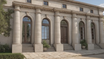 outdoors,sky,day,cloud,tree,blue sky,no humans,window,grass,plant,building,scenery,stairs,door,potted plant,bush,pillar,stone stairs