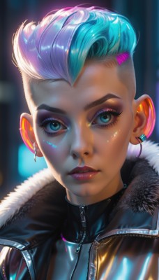 1girl,solo,looking at viewer,short hair,blue eyes,jewelry,blue hair,jacket,pink hair,white hair,multicolored hair,earrings,parted lips,shiny,blurry,two-tone hair,aqua eyes,lips,fur trim,eyelashes,aqua hair,bodysuit,makeup,blurry background,lipstick,portrait,eyeshadow,zipper,asymmetrical hair,nose,red lips,eyeliner,very short hair,undercut,mascara,cyberpunk,k/da (league of legends),upper body,purple hair,open clothes,artist name,black jacket,turtleneck,piercing,close-up,realistic,unzipped,stud earrings,leather,leather jacket