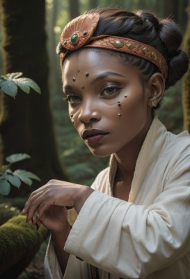 1girl,solo,looking at viewer,short hair,black hair,hair ornament,long sleeves,brown eyes,jewelry,closed mouth,upper body,earrings,outdoors,dark skin,wide sleeves,hair bun,blurry,black eyes,dark-skinned female,tree,lips,fingernails,eyelashes,blurry background,headband,leaf,facial mark,piercing,single hair bun,plant,nature,forest,freckles,robe,realistic,nose,nail polish,facepaint