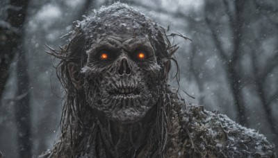 solo,long hair,looking at viewer,black hair,red eyes,1boy,male focus,outdoors,pointy ears,artist name,signature,armor,blurry,tree,orange eyes,blurry background,glowing,facial hair,portrait,nature,glowing eyes,beard,snow,forest,colored sclera,skull,monster,snowing,teeth,no humans,colored skin,sharp teeth,grey skin,tusks