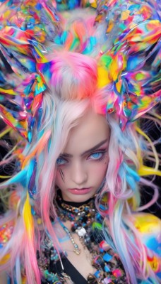 1girl,solo,long hair,looking at viewer,blue eyes,hair ornament,jewelry,closed mouth,blue hair,upper body,pink hair,white hair,multicolored hair,choker,dark skin,necklace,mole,lips,eyelashes,mole under eye,gradient hair,makeup,facial mark,lipstick,portrait,forehead,eyeshadow,pink lips,nose,red lips,eyeliner,colorful,mascara,flower,earrings,two-tone hair,feathers,gem,feather hair ornament