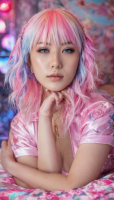 1girl,solo,long hair,breasts,looking at viewer,bangs,blue eyes,shirt,cleavage,jewelry,medium breasts,blue hair,upper body,pink hair,short sleeves,multicolored hair,earrings,lying,parted lips,open clothes,teeth,necklace,nail polish,blurry,two-tone hair,lips,fingernails,eyelashes,gradient hair,depth of field,blurry background,piercing,floral print,ring,on stomach,freckles,head rest,realistic,nose,dress,chinese clothes