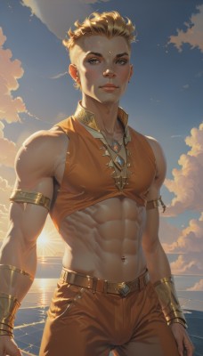 solo,looking at viewer,short hair,blue eyes,blonde hair,1boy,navel,bare shoulders,jewelry,closed mouth,standing,male focus,cowboy shot,earrings,outdoors,sky,sleeveless,day,midriff,belt,pants,cloud,water,necklace,bracelet,blue sky,lips,crop top,muscular,ocean,beach,piercing,abs,sunlight,ring,cloudy sky,pectorals,muscular male,gem,armlet,backlighting,freckles,toned,sunset,realistic,nose,sun,horizon,bracer,navel piercing,forehead jewel,1girl,artist name,tattoo,facial mark,ear piercing,armband,very short hair,undercut