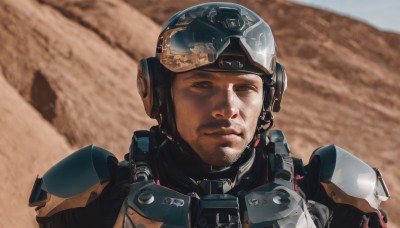 solo,1boy,upper body,male focus,armor,blurry,military,blurry background,facial hair,helmet,portrait,beard,realistic,stubble,manly,power armor,desert,looking at viewer,brown eyes,closed mouth,outdoors,black eyes,parody,goggles,shoulder armor,science fiction,sand,dirty,spacesuit