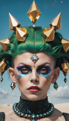 1girl,solo,looking at viewer,short hair,hair ornament,brown eyes,jewelry,closed mouth,green eyes,collarbone,earrings,outdoors,green hair,sky,choker,day,artist name,cloud,necklace,blue sky,lips,makeup,facial mark,lipstick,gem,portrait,eyeshadow,nose,red lips,eyeliner,facepaint,mascara,parted lips,eyelashes,realistic