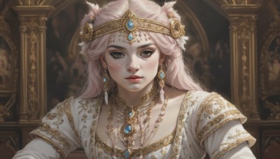 1girl,solo,long hair,looking at viewer,hair ornament,long sleeves,dress,brown eyes,jewelry,closed mouth,collarbone,upper body,pink hair,white hair,earrings,parted lips,necklace,white dress,black eyes,lips,grey eyes,makeup,tiara,feathers,gem,freckles,gold trim,circlet,realistic,feather hair ornament,diadem,blush,simple background,eyelashes,black background,portrait,red lips