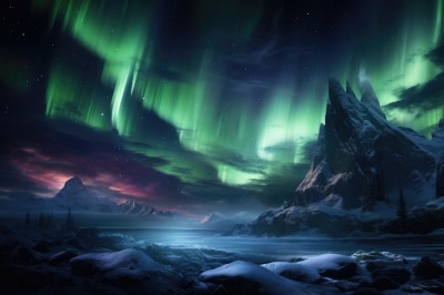 PREMIUM,outdoors,sky,cloud,water,tree,no humans,night,cloudy sky,star (sky),nature,night sky,scenery,forest,starry sky,rock,mountain,river,landscape,lake,aurora,green theme,cliff