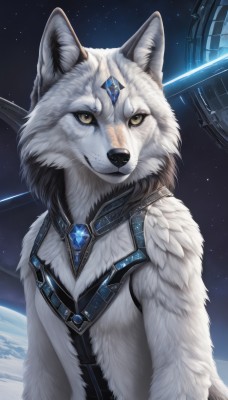 solo,looking at viewer,smile,jewelry,yellow eyes,upper body,male focus,sky,artist name,signature,no humans,animal,brooch,gem,star (sky),furry,starry sky,dog,space,white fur,planet,wolf,blue gemstone,red gemstone,closed mouth,crystal,realistic,earth (planet)