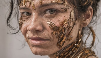 1girl,solo,looking at viewer,simple background,brown hair,black hair,brown eyes,jewelry,closed mouth,parted lips,grey background,blurry,black eyes,lips,portrait,close-up,realistic,nose,earrings,mole,grey eyes,eyelashes,freckles,dirty,gold,mole on cheek