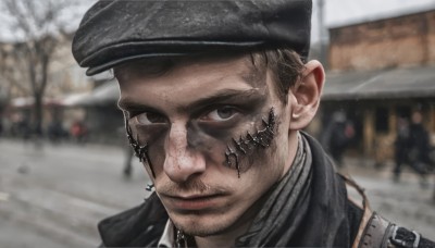 solo,looking at viewer,short hair,black hair,1boy,hat,brown eyes,closed mouth,jacket,male focus,outdoors,blurry,black eyes,black jacket,black headwear,tattoo,blurry background,facial hair,beret,scar,ground vehicle,portrait,motor vehicle,realistic,stubble,car,leather,photo background,tree,snow,close-up,stitches