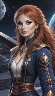 1girl,solo,long hair,breasts,looking at viewer,brown hair,long sleeves,cleavage,brown eyes,jewelry,medium breasts,green eyes,upper body,earrings,necklace,lips,makeup,moon,lipstick,star (sky),red lips,space,planet,earth (planet),spacecraft,closed mouth,jacket,red hair,orange hair,starry sky,freckles,realistic,nose