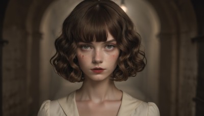 1girl,solo,looking at viewer,short hair,bangs,brown hair,shirt,brown eyes,closed mouth,collarbone,white shirt,upper body,indoors,blurry,lips,blood,makeup,depth of field,blurry background,wavy hair,portrait,freckles,curly hair,blood on face,realistic,nose,red lips,jewelry,earrings,lipstick