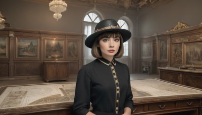 1girl,solo,looking at viewer,short hair,bangs,brown hair,shirt,long sleeves,hat,brown eyes,jewelry,closed mouth,upper body,earrings,parted lips,collared shirt,indoors,lips,black shirt,window,dress shirt,black headwear,buttons,table,bob cut,sleeves rolled up,realistic,red lips,lamp,painting (object),map,chandelier,bowler hat,blunt bangs,makeup,lipstick,candle,fine art parody,candlestand