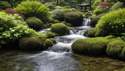 outdoors,day,water,tree,no humans,leaf,grass,plant,nature,scenery,forest,rock,architecture,east asian architecture,river,waterfall,moss,stream,shrine,stone lantern