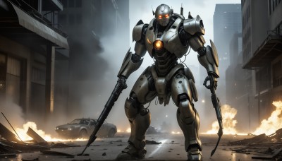 HQ,solo,looking at viewer,holding,standing,weapon,outdoors,holding weapon,orange eyes,gun,no humans,glowing,fire,robot,ground vehicle,building,holding gun,mecha,glowing eyes,motor vehicle,smoke,science fiction,dual wielding,city,military vehicle,car,cable,ruins,tank,dust,red eyes,military,window,realistic,damaged,radio antenna