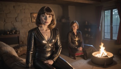 breasts,looking at viewer,short hair,bangs,multiple girls,brown hair,black hair,long sleeves,2girls,cleavage,brown eyes,jewelry,medium breasts,sitting,closed mouth,collarbone,indoors,necklace,nail polish,black eyes,lips,window,bodysuit,makeup,chair,bob cut,own hands together,fire,curtains,shiny clothes,black bodysuit,leather,latex,burning,fireplace,jacket,necktie,pants,black jacket,night,parody,black pants,red nails,leather jacket,leather pants