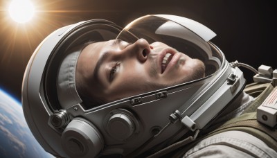 solo,1boy,male focus,teeth,signature,facial hair,helmet,portrait,beard,realistic,sun,space,planet,earth (planet),spacesuit,astronaut,brown hair,parted lips,stubble,space helmet