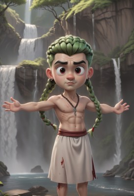 solo,long hair,looking at viewer,red eyes,1boy,navel,jewelry,nipples,standing,braid,male focus,earrings,outdoors,green hair,water,necklace,twin braids,tree,blood,piercing,abs,thick eyebrows,outstretched arms,aged down,child,nature,wading,topless male,male child,river,waterfall,multiple braids,1girl,brown eyes,torn clothes,muscular,rock