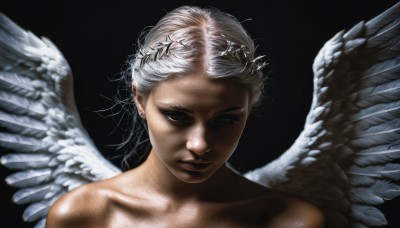 1girl,solo,looking at viewer,short hair,simple background,hair ornament,bare shoulders,jewelry,closed mouth,collarbone,upper body,white hair,nude,earrings,wings,black eyes,lips,halo,piercing,black background,portrait,feathered wings,angel wings,realistic,white wings,angel,grey eyes,eyelashes