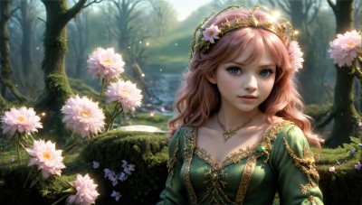 HQ,1girl,solo,long hair,breasts,looking at viewer,bangs,blue eyes,brown hair,hair ornament,long sleeves,dress,cleavage,jewelry,medium breasts,collarbone,upper body,pink hair,flower,outdoors,parted lips,teeth,day,artist name,hair flower,necklace,blurry,tree,lips,eyelashes,sparkle,depth of field,wavy hair,sunlight,grass,tiara,plant,white flower,gem,nature,forest,green dress,realistic,nose,fantasy,daisy,blush,crown,pink flower,freckles