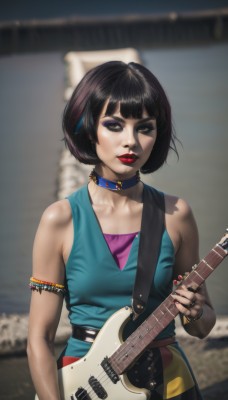 1girl,solo,breasts,looking at viewer,short hair,bangs,black hair,dress,holding,bare shoulders,brown eyes,jewelry,standing,collarbone,upper body,multicolored hair,small breasts,parted lips,sleeveless,choker,belt,nail polish,blurry,black eyes,collar,bracelet,lips,torn clothes,makeup,blurry background,blue dress,watermark,bob cut,ring,blue shirt,lipstick,instrument,armband,red nails,armlet,eyeshadow,realistic,guitar,red lips,eyeliner,playing instrument,blue choker,holding instrument,electric guitar,mascara,shirt,streaked hair,fingernails,eyelashes,thick eyebrows