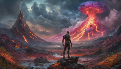 solo, 1boy, standing, male focus, outdoors, sky, cloud, from behind, bodysuit, muscular, cloudy sky, fire, scenery, science fiction, rock, mountain, molten rock