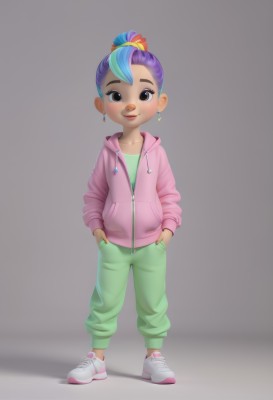 1girl,solo,looking at viewer,smile,short hair,simple background,shirt,hair ornament,long sleeves,brown eyes,jewelry,closed mouth,blue hair,standing,jacket,full body,ponytail,purple hair,multicolored hair,earrings,shoes,pants,dark skin,hood,grey background,hair bun,black eyes,two-tone hair,dark-skinned female,lips,hoodie,makeup,shadow,single hair bun,scrunchie,white footwear,hood down,sneakers,child,hair scrunchie,zipper,hands in pockets,drawstring,female child,stud earrings,pink jacket,green pants,baggy pants,pink hoodie,blush,bow,hair bow,artist name,mole,red bow,mole under eye