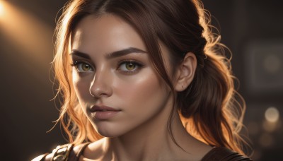 1girl,solo,long hair,looking at viewer,brown hair,brown eyes,parted lips,mole,blurry,lips,eyelashes,depth of field,blurry background,sunlight,portrait,forehead,freckles,realistic,nose,jewelry,yellow eyes,earrings,artist name,mole under eye,close-up,backlighting,light