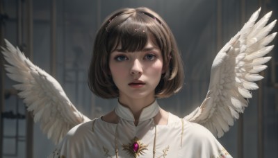 1girl,solo,looking at viewer,short hair,bangs,blue eyes,brown hair,dress,jewelry,white shirt,upper body,hairband,parted lips,wings,teeth,indoors,necklace,blurry,lips,grey eyes,blurry background,bob cut,gem,portrait,feathered wings,angel wings,realistic,nose,white wings,angel,blush,earrings,window