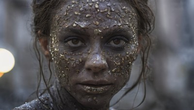 1girl,solo,looking at viewer,brown hair,brown eyes,closed mouth,parted lips,teeth,dark skin,blurry,dark-skinned female,lips,depth of field,blurry background,portrait,close-up,reflection,realistic,straight-on,very dark skin,black hair,jewelry,piercing,gold