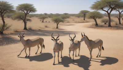 standing,outdoors,sky,day,signature,tree,blue sky,pokemon (creature),no humans,shadow,animal,grass,scenery,sand,palm tree,animal focus,desert,deer,looking at viewer,horns,goat