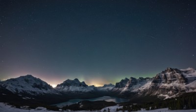 outdoors,sky,tree,no humans,night,star (sky),nature,night sky,scenery,snow,forest,starry sky,mountain,landscape,mountainous horizon,shooting star,sunrise,grass,sunset