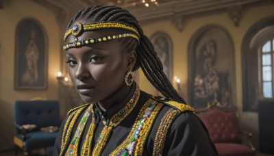 1girl,solo,long hair,looking at viewer,black hair,brown eyes,jewelry,sitting,upper body,braid,earrings,indoors,dark skin,necklace,blurry,black eyes,dark-skinned female,lips,window,makeup,depth of field,blurry background,chair,portrait,circlet,gold,very dark skin,dreadlocks,black lips,smile,closed mouth