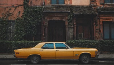 outdoors,tree,no humans,window,plant,ground vehicle,building,scenery,motor vehicle,car,road,bush,vehicle focus,street,traditional media,realistic,door,house