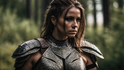 1girl,solo,long hair,brown hair,black hair,jewelry,closed mouth,upper body,earrings,dark skin,armor,blurry,black eyes,dark-skinned female,lips,looking to the side,blurry background,shoulder armor,pauldrons,breastplate,realistic,nose,chainmail,blue eyes,1boy,male focus,nature,forest,shoulder pads